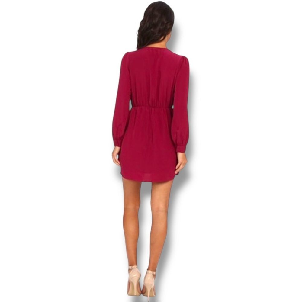 Brigitte Bailey Burgundy Wrap Front Long Sleeve V-neck Chic Mini Dress - Picture 2 of 15